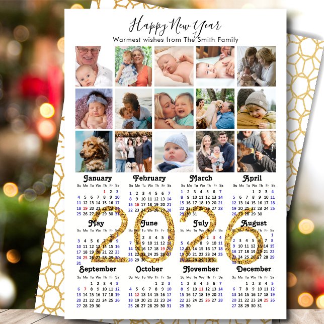 2026 Calendar Family 15 Photo Collage Gold Glitter Holiday Card (Creator Uploaded)