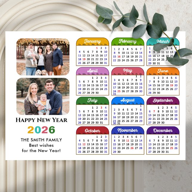 2026 Calendar Family 2 Photo Modern Black Colourfu Holiday Card (Creator Uploaded)