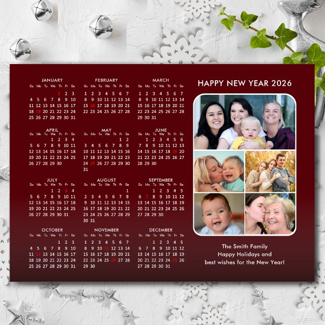 2026 Calendar Family 5 Photo Modern Red Minimalist Holiday Card (Creator Uploaded)