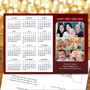 2026 Calendar Family 5 Photo Modern Red Minimalist Holiday Postcard