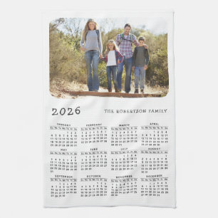 2026 Calendar Family Name Photo Simple White Black Tea Towel