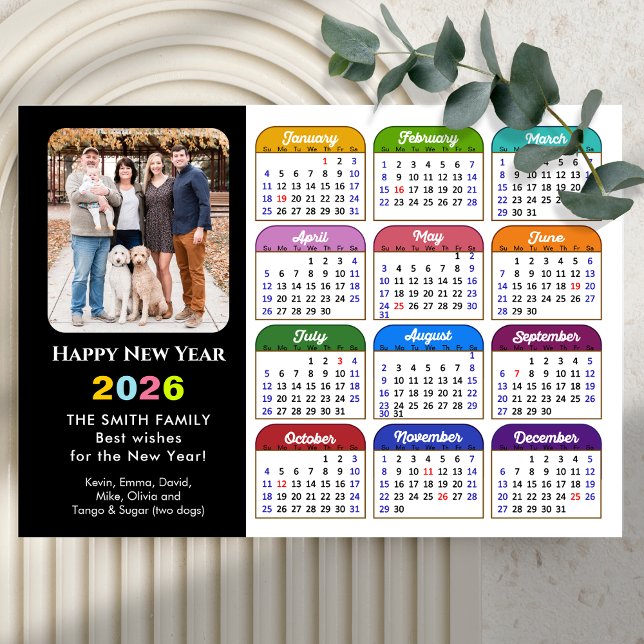 2026 Calendar Family Photo Modern Black Colourful Holiday Card (Creator Uploaded)