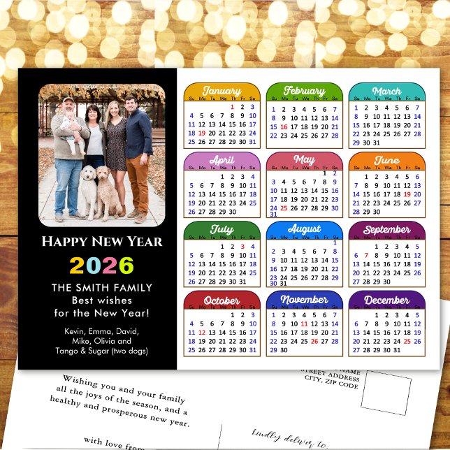 2026 Calendar Family Photo Modern Black Colourful Holiday Postcard (Creator Uploaded)