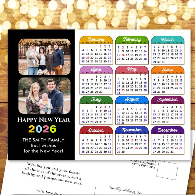 2026 Calendar Family Photo Modern Black Colourful Holiday Postcard (Creator Uploaded)