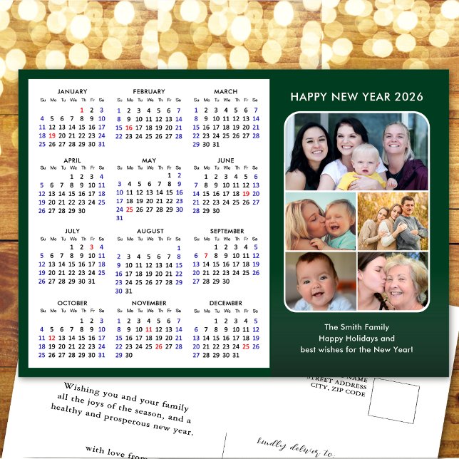 2026 Calendar Family Photo Modern Black Minimalist Holiday Postcard (Creator Uploaded)