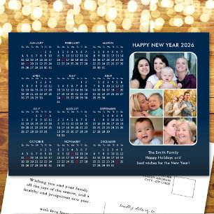 2026 Calendar Family Photo Modern Blue Minimalist Holiday Postcard