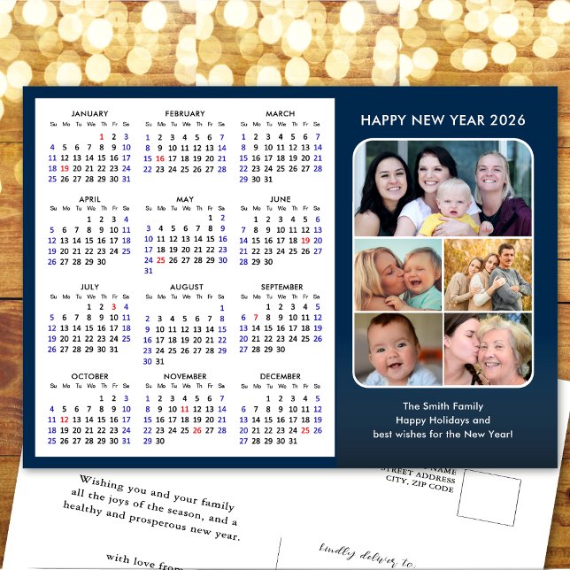 2026 Calendar Family Photo Modern Blue Minimalist Holiday Postcard (Creator Uploaded)