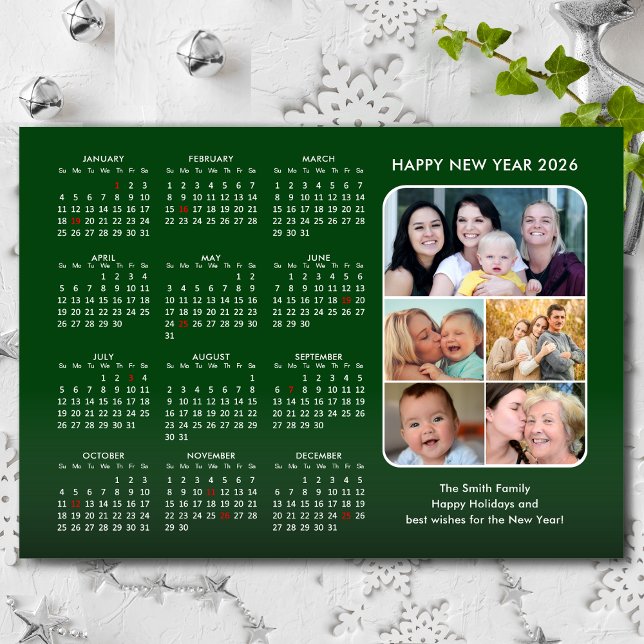 2026 Calendar Family Photo Modern Green Minimalist Holiday Card (Creator Uploaded)