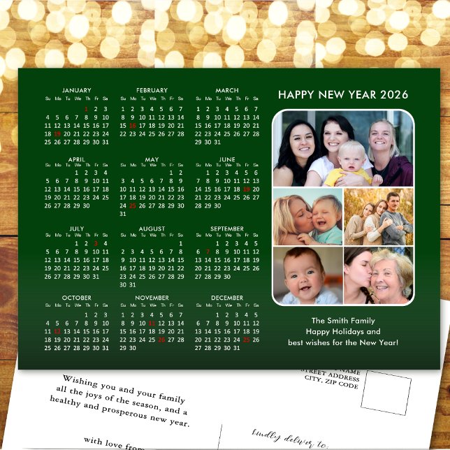 2026 Calendar Family Photo Modern Green Minimalist Holiday Postcard (Creator Uploaded)