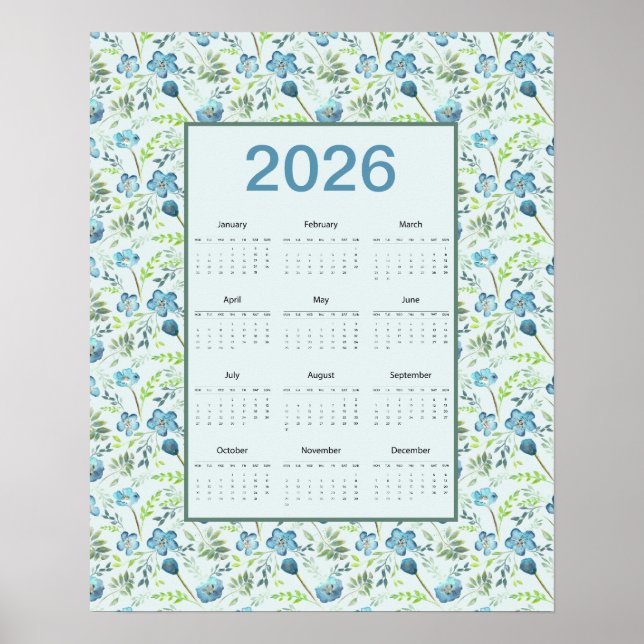 2026 Calendar Full Year Blue Floral Poster (Front)