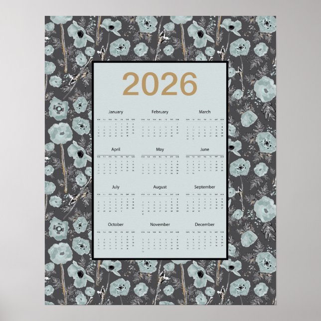 2026 Calendar Full Year Blue Gray Poppies Poster (Front)