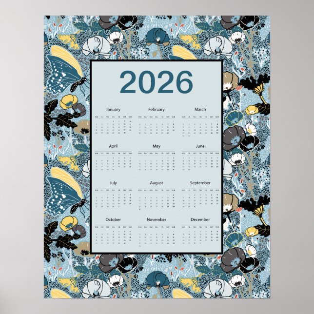 2026 Calendar Full Year Floral Butterflies Poster (Front)