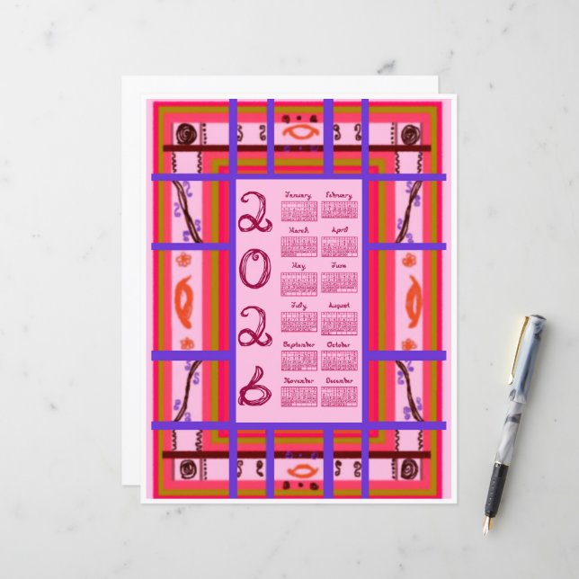 2026 Calendar Girl Power Curvy Plaid Berry Fabric  (Front/Back In Situ)