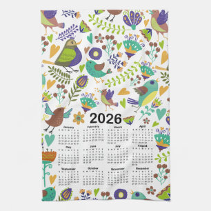 2026 Calendar Green & Blue Birds and Flowers Tea Towel