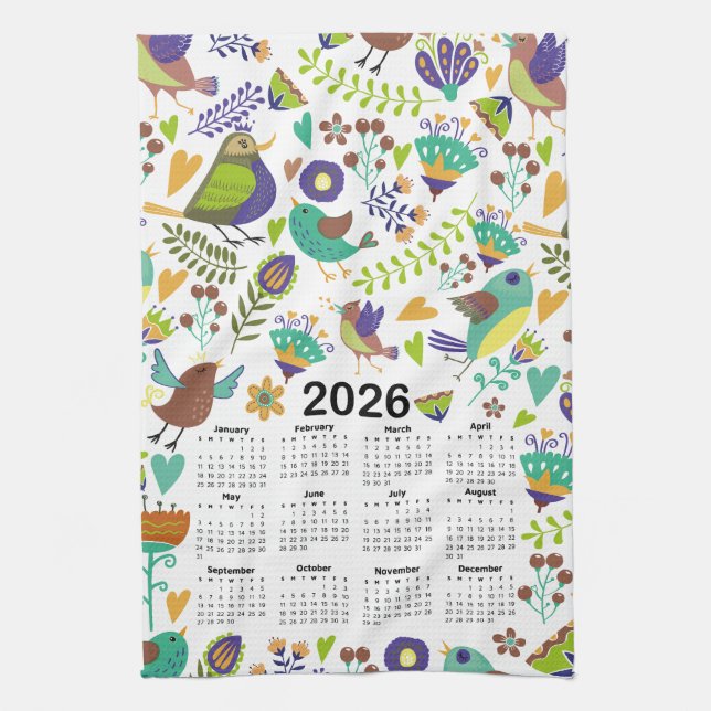2026 Calendar Green & Blue Birds and Flowers Tea Towel (Vertical)