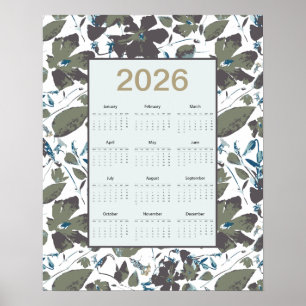 2026 Calendar Green Blue Clematis Floral Poster