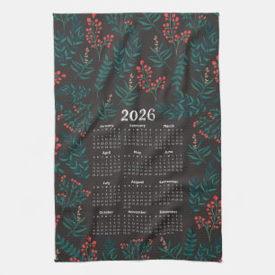 2026 Calendar Green Leaves and Red Floral Black Tea Towel