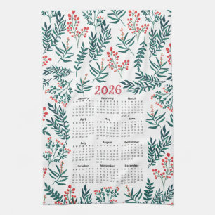 2026 Calendar Green Leaves and Red Floral Pattern Tea Towel