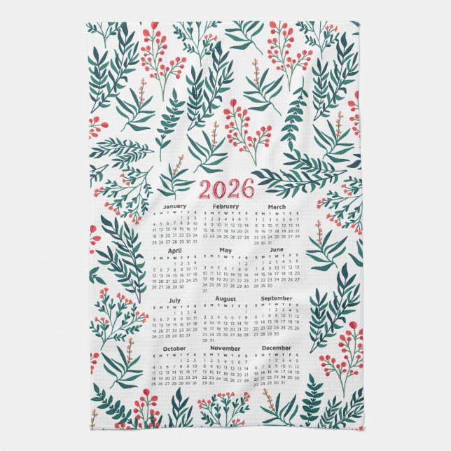 2026 Calendar Green Leaves and Red Floral Pattern Tea Towel (Vertical)