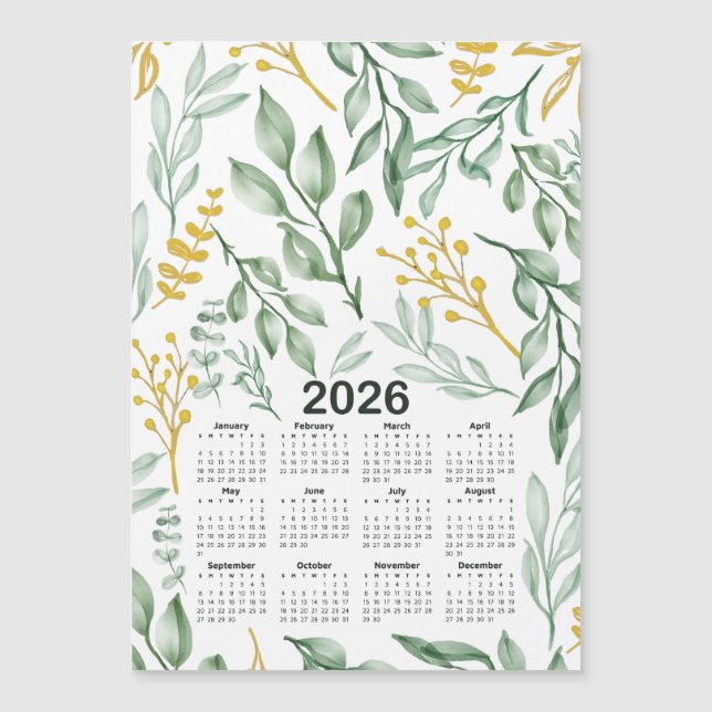 2026 Calendar Green Leaves & Golden Yellow Floral (Front)