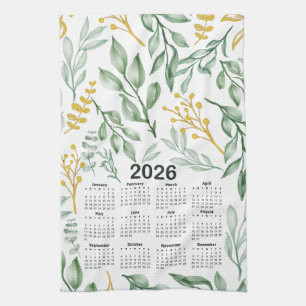 2026 Calendar Green Leaves & Golden Yellow Floral Tea Towel