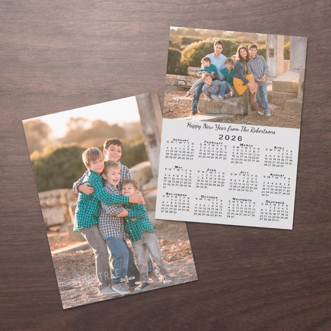 2026 Calendar Grey 2 Custom Photos Happy New Year Holiday Card (2026 Calendar Gray 2 Custom Photos Happy New Year Holiday Card, front/back)