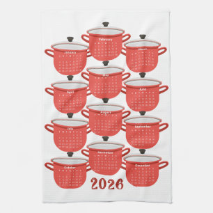 2026 Calendar Kitchen Red Cookware Tea Towel