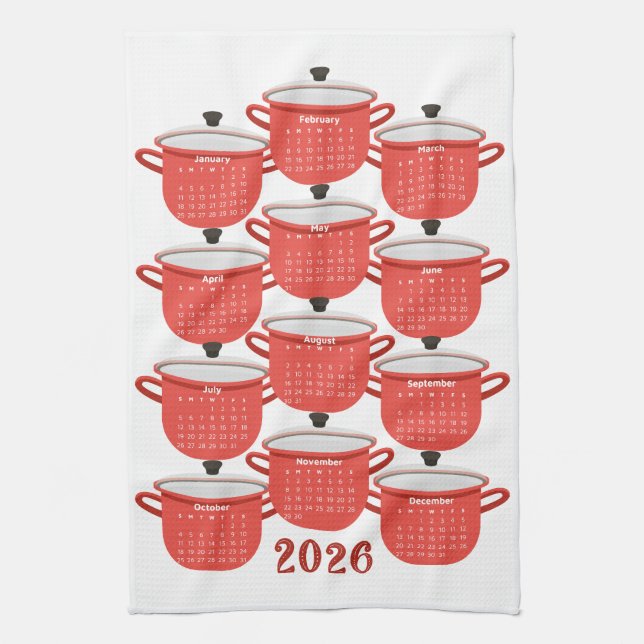 2026 Calendar Kitchen Red Cookware Tea Towel (Vertical)