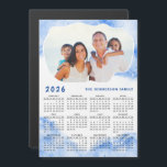 2026 Calendar Magnet Family Photo Name Blue White<br><div class="desc">Create a personalised 2026 magnetic calendar with photo and blue marble design. Templates make it easy to type your Family name and upload personal picture to have the same cloud shape frame around your photo. This Sunday through Saturday 2026 calendar is a practical gift idea for Thanksgiving Day, Christmas, New...</div>