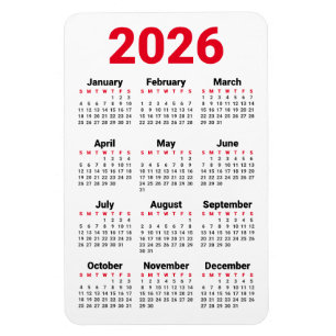 2026 Calendar Magnet   Red Black Grey White