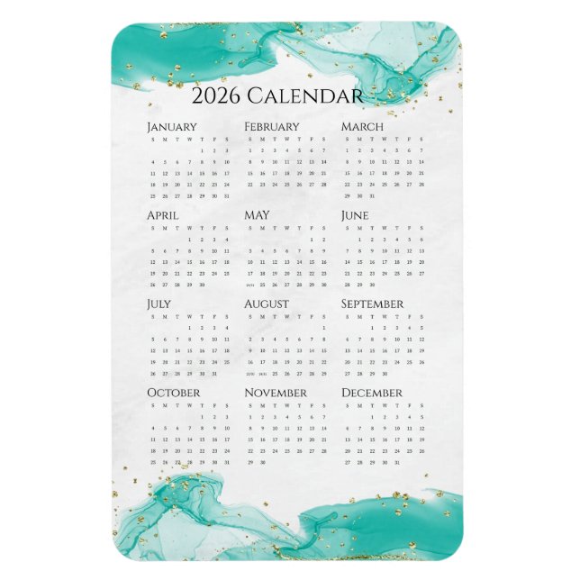 2026 Calendar Marbled Waves Tropical Teal and Gold Magnet (Vertical)