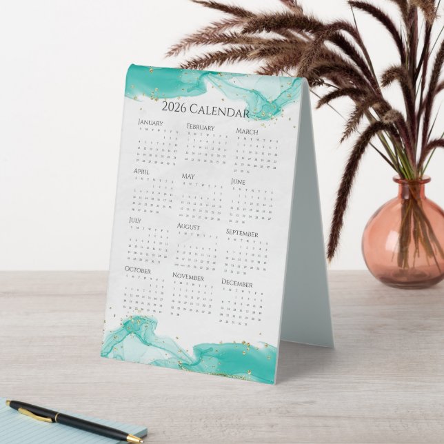 2026 Calendar Marbled Waves Tropical Teal Gold (In SItu (Table))