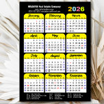 2026 Calendar Minimalist Black Corporate Magnetic<br><div class="desc">2026 Calendar Minimalist Black Corporate Magnetic Card featuring Federal Holidays in United States. All the texts are pre-arranged for you to personalise easily and quickly with your own details.</div>