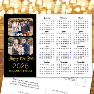 2026 Calendar Modern Black Gold Glitter 2 Photo Holiday Postcard