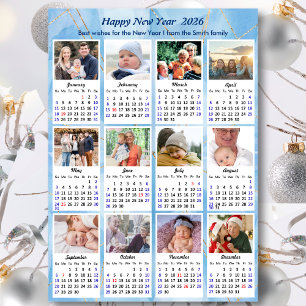 2026 Calendar Modern Blue Gold 12 Photo Collage  Holiday Card