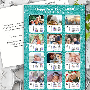 2026 Calendar Modern Family 12 Photo Blue Glitter Holiday Postcard