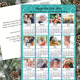 2026 Calendar Modern Family 12 Photo Blue Glitter Holiday Postcard