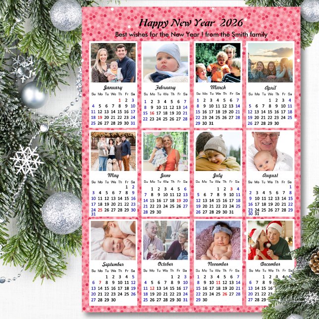2026 Calendar Modern Family 12 Photo Festive Pink Holiday Card (Creator Uploaded)