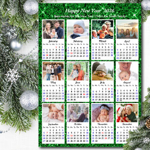 2026 Calendar Modern Family 12 Photo Green Glitter Holiday Card