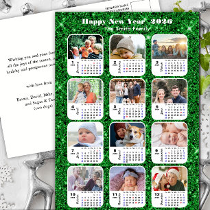 2026 Calendar Modern Family 12 Photo Green Glitter Holiday Postcard