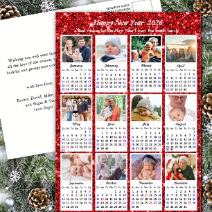 2026 Calendar Modern Family 12 Photo Red Glitter Holiday Postcard