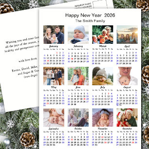 2026 Calendar Modern Family Photo Collage Simple Holiday Postcard
