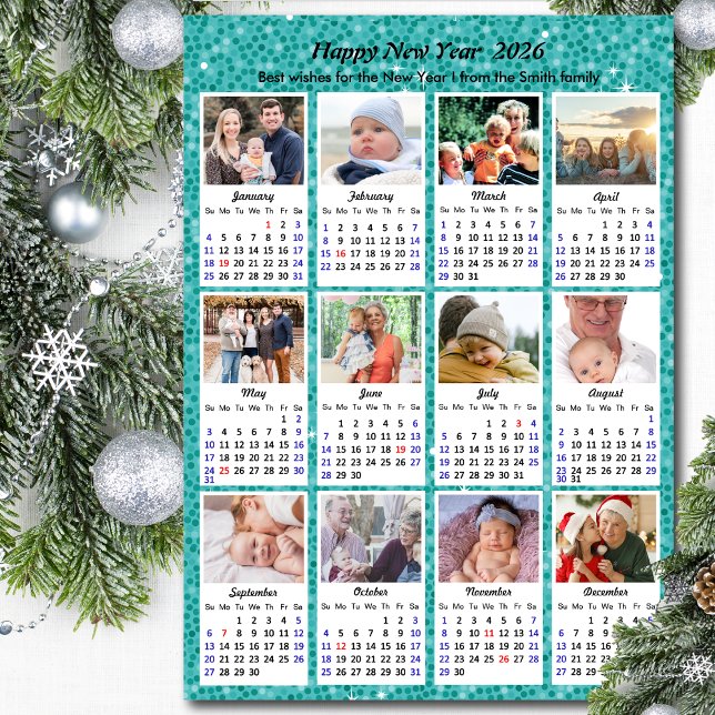 2026 Calendar Modern Family Photo Festive Green Holiday Card (Creator Uploaded)