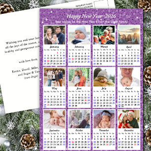 2026 Calendar Modern Family Photo Purple Glitter Holiday Postcard
