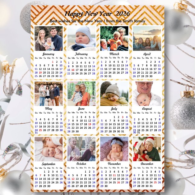 2026 Calendar Modern Gold 12 Family Photo Collage Holiday Card (Creator Uploaded)