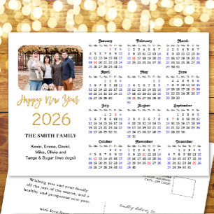 2026 Calendar Modern Gold Glitter Photo Minimalist Holiday Postcard
