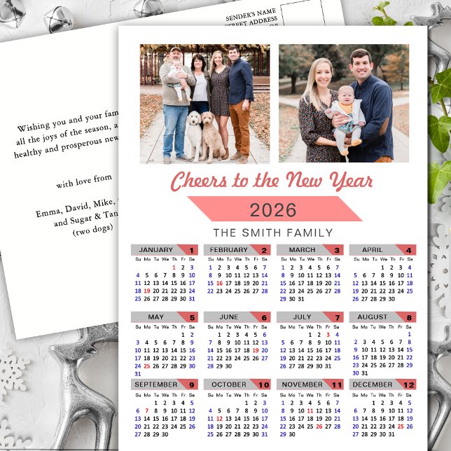 2026 Calendar Modern Pink Family Photo Minimalist Holiday Postcard (Creator Uploaded)
