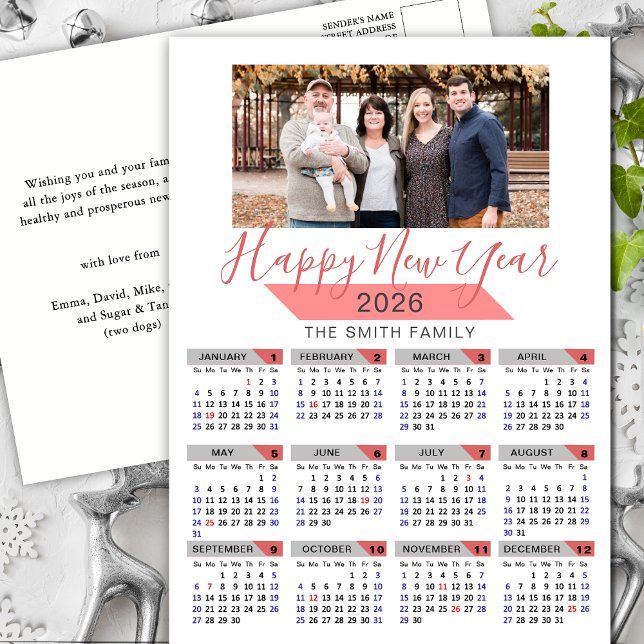 2026 Calendar Modern Pink Family Photo Minimalist Holiday Postcard (Creator Uploaded)