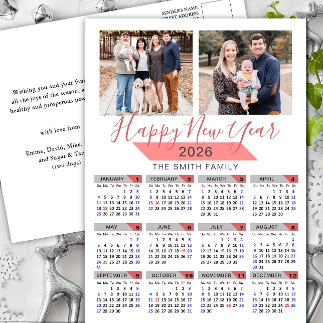 2026 Calendar Modern Pink Family Photo Minimalist Holiday Postcard (Creator Uploaded)