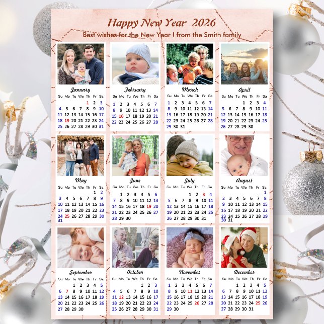 2026 Calendar Modern Pink Glitter 12 Photo Collage Holiday Card (Creator Uploaded)